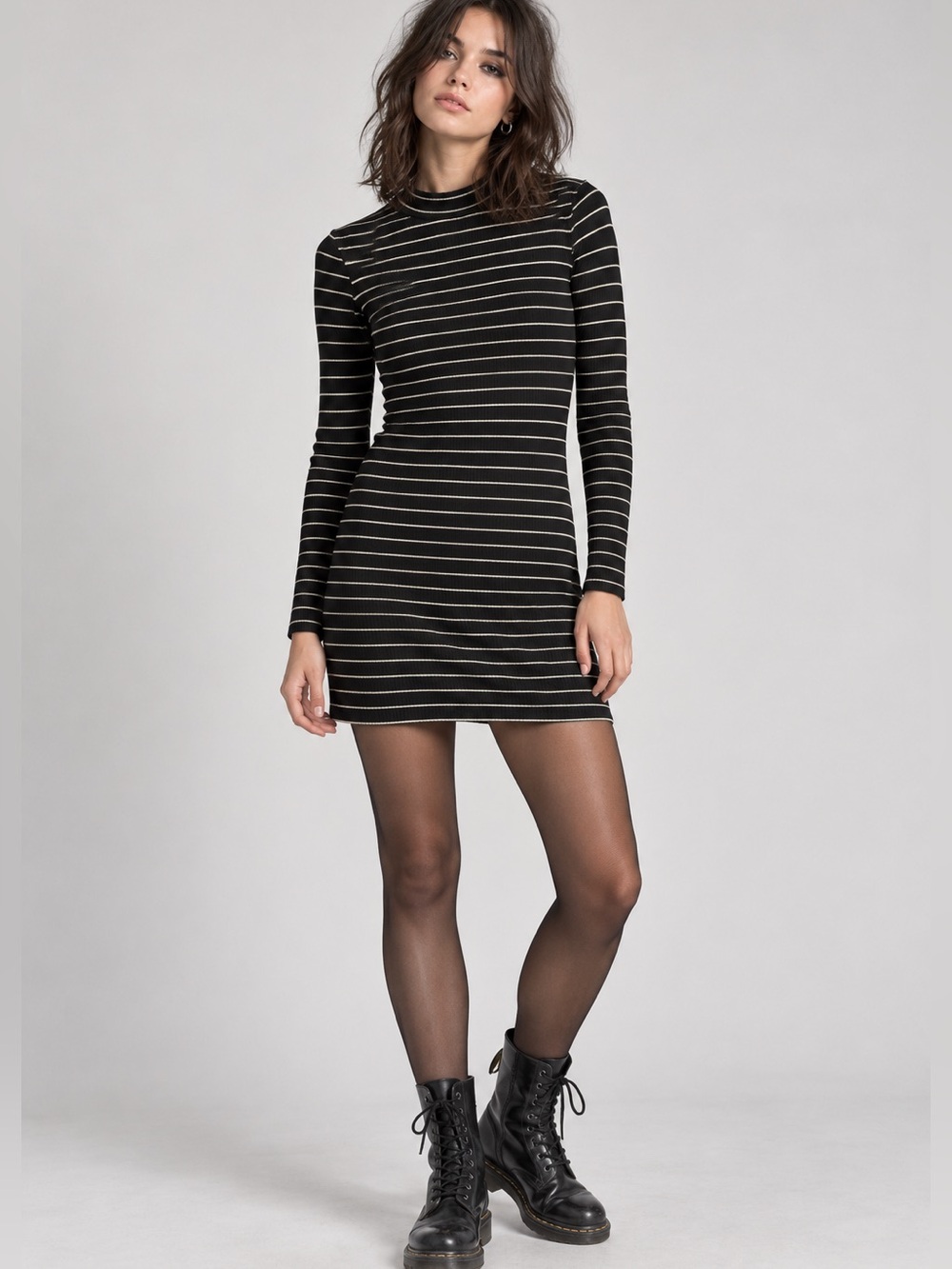 Forever 21 Striped Ribbed Knit Mini Dress S Black/White Long Sleeve Indie Grunge